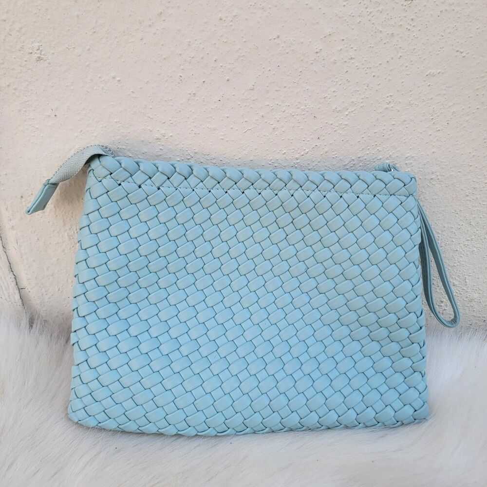 Rachel Zoe Pale Blue Woven Neoprene Wristlet Clutch.